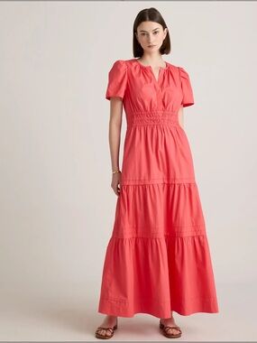 QUINCE organic cotton poplin tiered maxi dress spiced coral size L